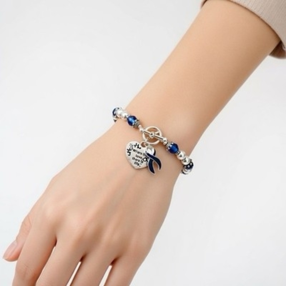 Dark Blue Ribbon Awareness Bracelet Colon Cancer Support Heart Charm